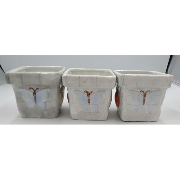 Long Rich Small Ceramic Planters Set of 3 Decorated w/ Garden Bugs - Picture 5 of 8